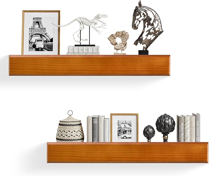 24 Inch Picture Ledge Shelf with Lip,Floating Shelves for Wall, Set of 2 Solid Pine Wood Shelves with Invisible Brackets, Wall Storage for Living Room, Bedroom, Kitchen, Bathroom(Dark Brown)