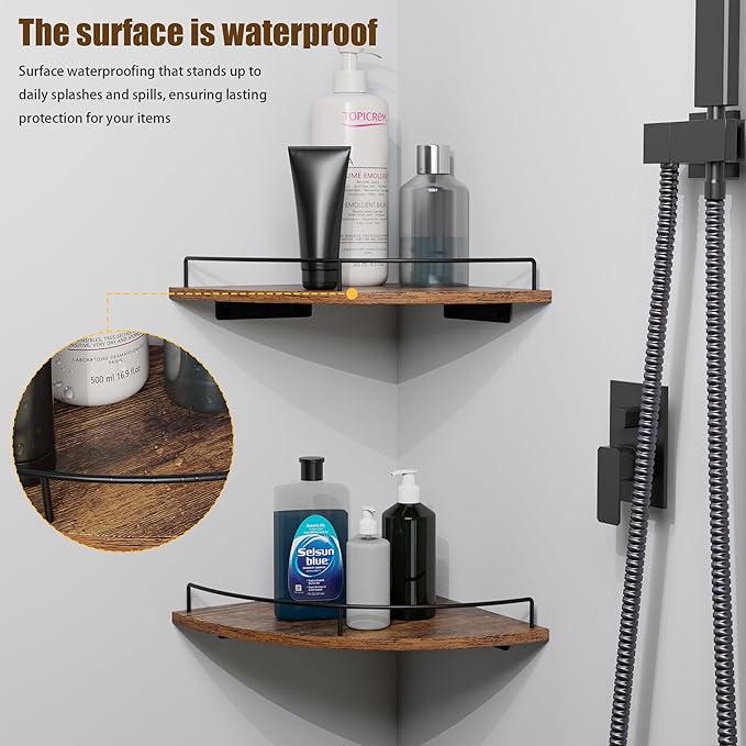Corner Floating Shelves, Rustic Brown Wood, Set of 2, Wall Mount Storage with Guardrail for Bathroom Kitchen Living Room