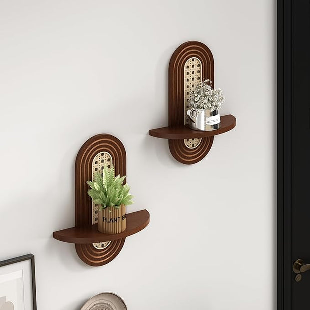 Wooden Arched Floating Shelf - Boho Decor Wall-Mouted Shelves Book Display Rattan Shelf for Bedroom Living Room Bathroom Nursery Home Office 14.5" x 11.6"