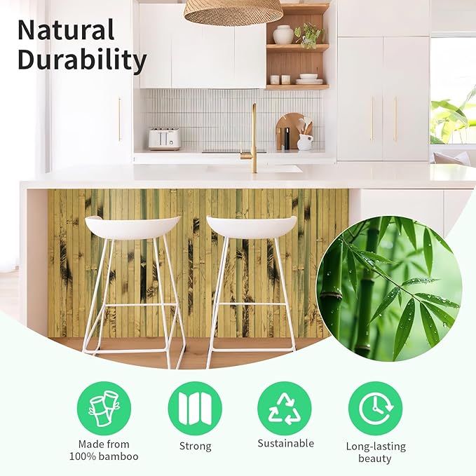 Natural Bamboo Wall Panel for Interior Wall Decor, Renewable Pole Wrap Wainscoting Paneling for Wall Ceiling Furniture Cabinet Office, 48 x 96 Inch, Light Burned