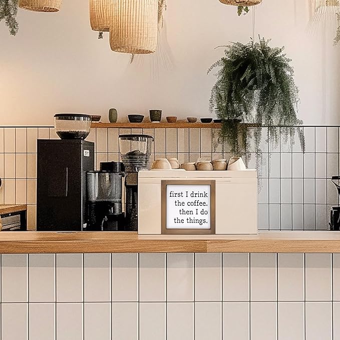 6 Inch Coffee Bar Signs Decor, Wooden First I Drink Coffee Then I Do Things Sign, Funny Office Decorations for Home Table Shelf Station Kitchen Counter Rustic Farmhouse