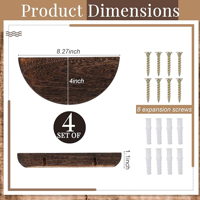 4 Pcs Solid Wood Half Round Floating Wall Shelves, Elegant Floating Wooden Shelves, 8.27 Inch Wall Shelf for Living Room, Bathroom, Bedroom, Offices, Pictures Plant Book (Dark Brown)