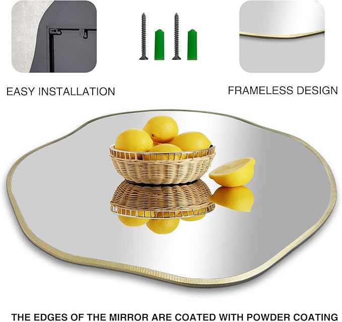 POZINO Irregular Shaped Mirror, 16" Asymmetrical Mirror, Gold Scalloped Rounded Mirrors, Modern Frameless Abstract Mirrors for Living Room Bedroom Bathroom Entryway Fireplace Hallway