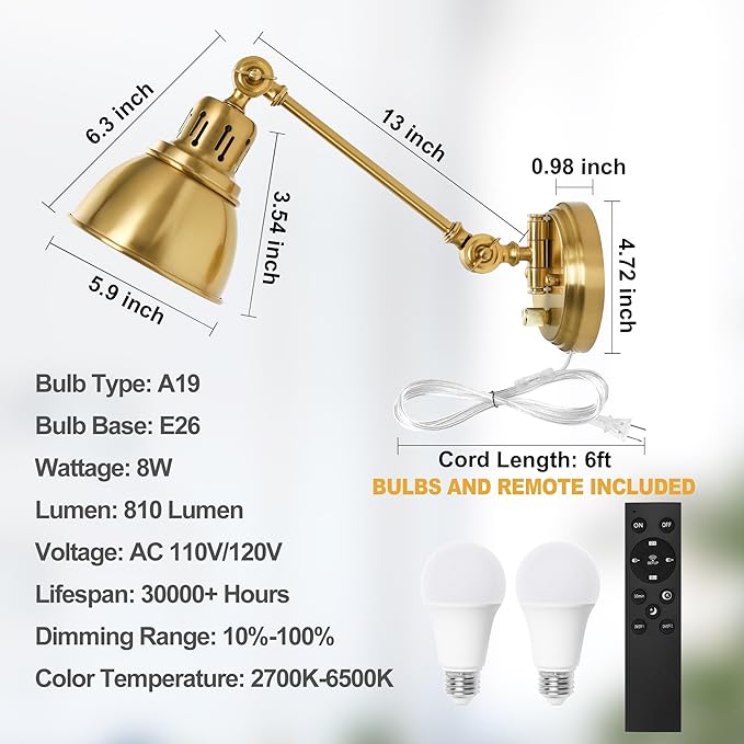 Plug in Wall Sconces Set of Two with Remote, Stepless Colors 2700K-6500K & Stepless Dimming, Premium Golden Finish, Plug in Wall Light with Night Light & Timer, LED Bulbs Included