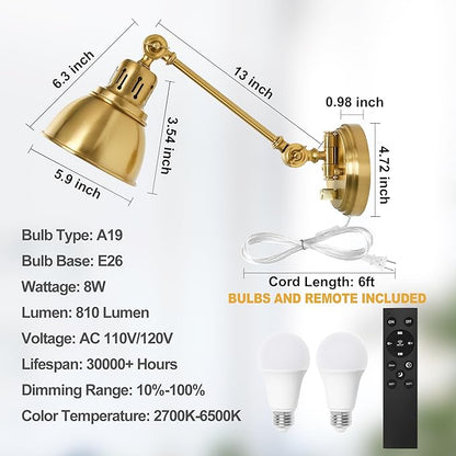Plug in Wall Sconces Set of Two with Remote, Stepless Colors 2700K-6500K & Stepless Dimming, Premium Golden Finish, Plug in Wall Light with Night Light & Timer, LED Bulbs Included