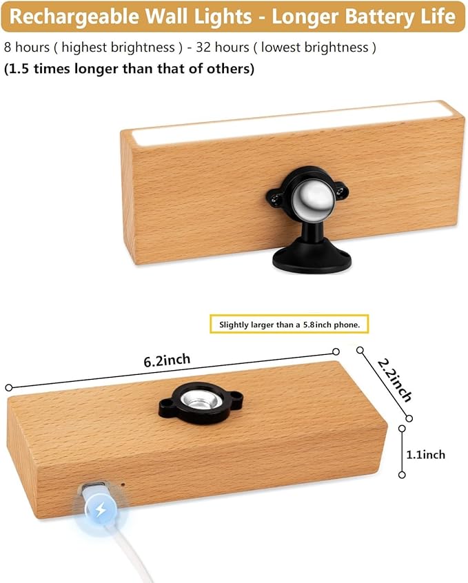 Wall Sconces Set of Two - LED Wall Lamps Lights for Bedroom, Rechargeable Battery Operated Wall Sconce with Stepless Dimming, 360 Rotation, Indoor Wireless Sconces Wall Decor Set of 2 for Living Room