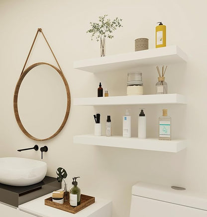 Vervida White Floating Shelves for Wall 24" W x 7.9" D x 1.5" H, Modern Style, for Living Room, Bedroom, Bathroom, Kitchen, Office, Storage, Display, with Invisible Brackets Wall Shelves(3 Pack)