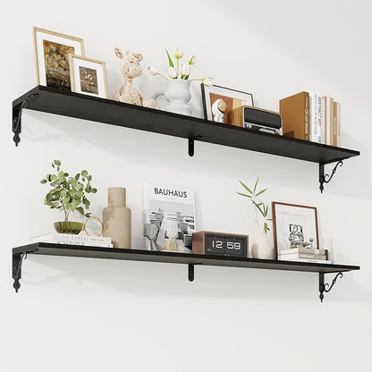 RICHFOCUS Floating Shelves for Wall Decor, 55.1W x 8D Shelves Set of 2, 8 Inch Deep Rustic Wood Shelves Wall Mounted with Brackets, Long Floating Shelves for Living Room Bedroom Kitchen, Black