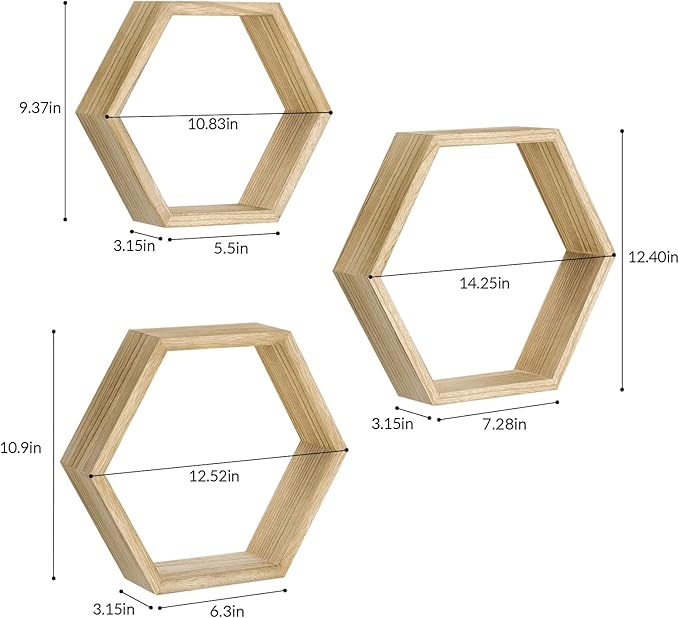 YBING Hexagon Floating Shelves Wall Mounted Farmhouse Wood Storage Honeycomb Wall Shelf Set of 6 Hexagonal Shelves Wall Home Decor Hexagon Shelves for Living Room Bedroom Office, Light Brown