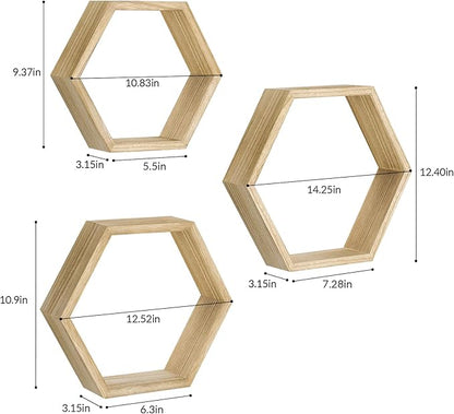 YBING Hexagon Floating Shelves Wall Mounted Farmhouse Wood Storage Honeycomb Wall Shelf Set of 6 Hexagonal Shelves Wall Home Decor Hexagon Shelves for Living Room Bedroom Office, Light Brown
