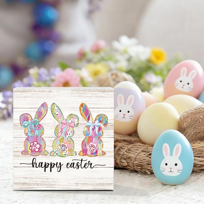 Happy Easter Sign Bunny Decor Bunny Table Decorations Spring Flower Decor Indoor for Office Desk Table Shelf Tiered Tray Happy Easter Wooden Sign 5 X 5 Inch
