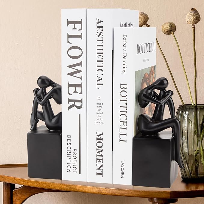 Black Book Ends Decorative, Girl Thinker Design, Modern Bookends for Shelves, Non-Skid Heavy Duty Resin Book Stopper for Books,Bookends with Base, Resin, 1Pair/2Piece