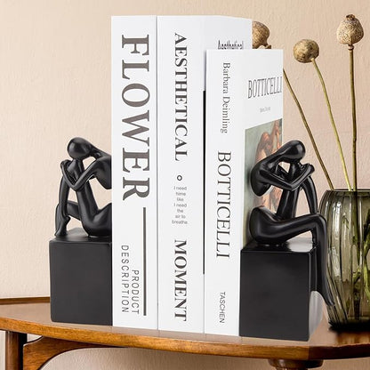 Black Book Ends Decorative, Girl Thinker Design, Modern Bookends for Shelves, Non-Skid Heavy Duty Resin Book Stopper for Books,Bookends with Base, Resin, 1Pair/2Piece