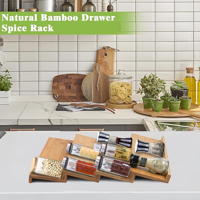 Bamboo Spice Drawer Organizer for Insert Shallow Drawer, 8 Tier Stackable Spice Rack Organizer for Cabinet(4.8