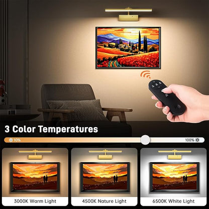 Picture Light, 15.35inch Wireless Picture Lights for Wall Rechargeable, 5400mAh Battery Wall Light with Remote, 3 Color Art Lighting for Paintings with Timer and Dimmable for Display, Gallery (Gold)