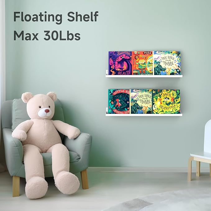 PEKGRIL 4 Pack Metal Floating Shelves, 17x6 Inch Large Wall Mounted Shelf for Storage, White Kids Bookshelf, Display Ledge Shelves with Lip for Bathroom, Bedroom, Living Room, Bathroom, Kitchen