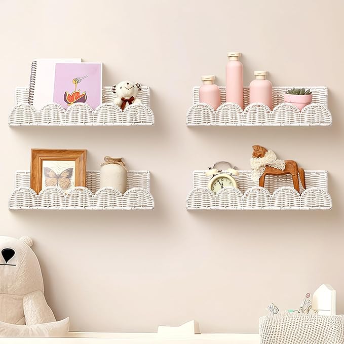 Pinkunn 4 Pcs Nursery Book Shelves 15.8 Inch Rattan Scalloped Floating Bookshelves Wicker Boho Book Shelf for Wall Mounted Decor Nursery Rooms Hanging(Cute)