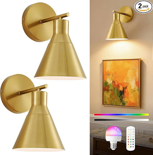 Modern Wireless Battery Operated Wall Sconces, Gold Rechargeable Cordless LED Wall Lights Set of Two, Dimmable Battery Powered Wall Decor Lamp Fixture with Remote Control for Bedroom Indoor