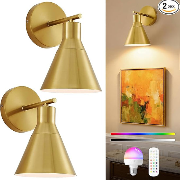 Modern Wireless Battery Operated Wall Sconces, Gold Rechargeable Cordless LED Wall Lights Set of Two, Dimmable Battery Powered Wall Decor Lamp Fixture with Remote Control for Bedroom Indoor
