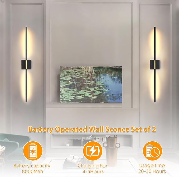 Battery Operated Wall Sconces Set of 2, Dimmable Battery Wall Sconce with Remote Control, Black Gold LED Rechargeable Sconces, 36 Inch Modern Wireless Wall Lights for Bedroom, Living Room