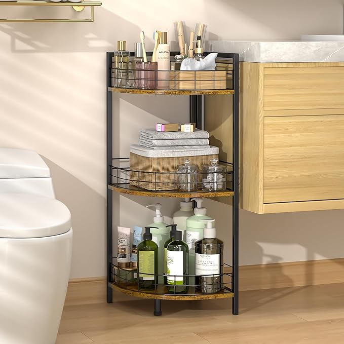Bathroom Standing Shelf, 3 Tier Corner Stand, Free-Standing Shelf Units, Triangular Curved Corner Shelf Stand for Small Space, Ideal for Bathroom,Kitchen,Vanity Storage and Organizer