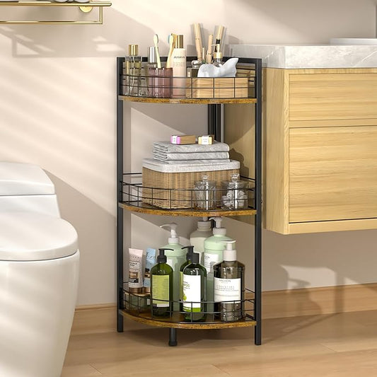 Bathroom Standing Shelf, 3 Tier Corner Stand, Free-Standing Shelf Units, Triangular Curved Corner Shelf Stand for Small Space, Ideal for Bathroom,Kitchen,Vanity Storage and Organizer