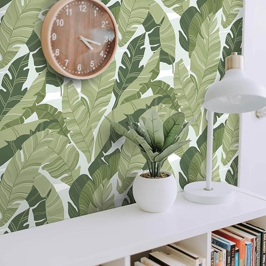 Peel and Stick Wallpaper Green Leaves Tropical Palm Wallpaper 16.1" × 393" Contact Paper Removable Self-Adhesive Wall Paper Decorative Shelf Drawer Liner Roll Waterproof