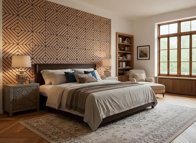 WoveN SounD Artisan Acoustic Wall Panels, 16 Pack 12x12 Inch, Wood Veneer Carved Sound Proof Wall Decor, Self-Adhesive for Home, Studio, Office & Focus Zones, Twill Pattern, Teak