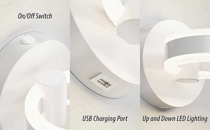 LED Wall Sconces with ON/Off Switch, White Rotatable Hardwired Wall Light Fixtures, Built in USB Charging Port, Modern Wall Decor for Bed Lighting.