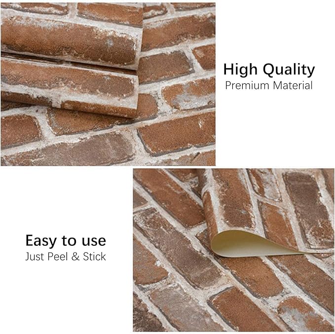 Okydoky Peel and Stick Wallpaper, Brown Brick Wallpaper for Home Decoration, Contact Paper Stick and Peel Backsplash, Vinyl Self Adhesive Wall Paper for House, Workshop&Office, 17.3