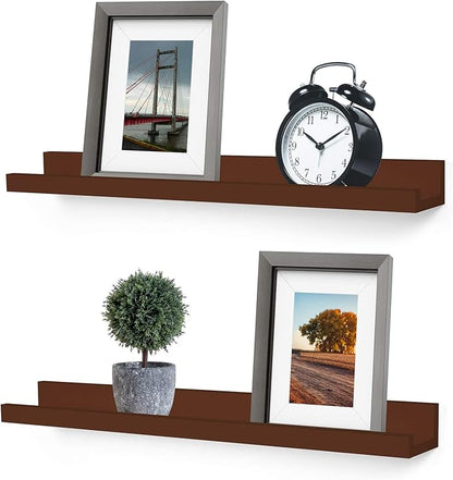 Greenco Picture Shelf, Set of 2 Wall Mounted Photo Ledge Floating Shelves for Bedroom, Living Room, Kitchen, Bathroom, Nursery Display, Walnut Finish