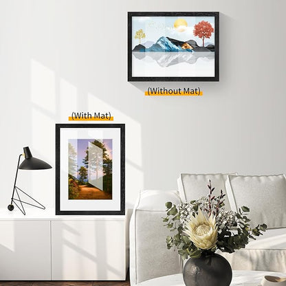 puthiac 9x12 Solid Oak Wood Picture Frame, Fits 6x8 with Mat or 9x12 Without Mat, Wall or Tabletop Display with Stand, Vertical or Horizontal, Plexi Front, 1 Pack, Black
