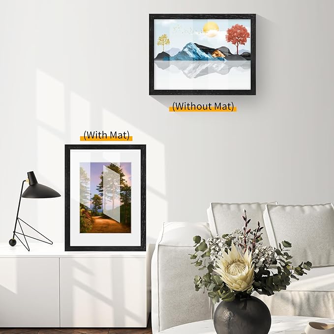 puthiac 9x12 Solid Oak Wood Picture Frame, Fits 6x8 with Mat or 9x12 Without Mat, Wall or Tabletop Display with Stand, Vertical or Horizontal, Plexi Front, 1 Pack, Black
