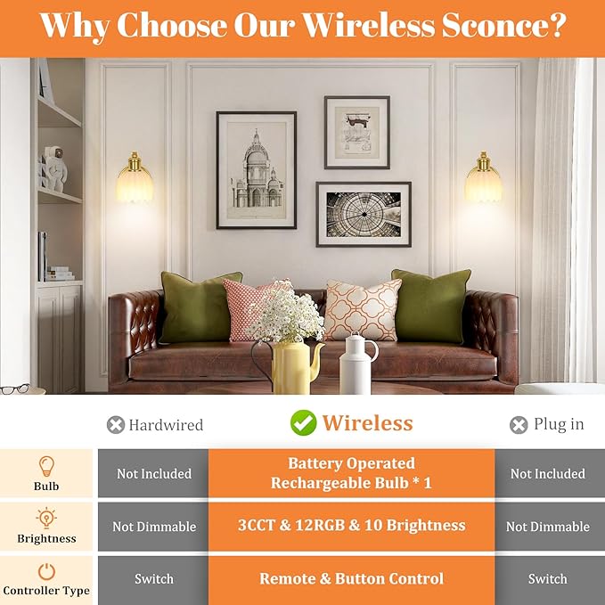 VerRon Rechargeable Battery Operated Wall Sconce with Milky White Glass Lampshade, Wireless Wall Scone Decor with Remote Control, 15 Colors Gold Wall Light for Bedside Hallway Bedroom Doorway