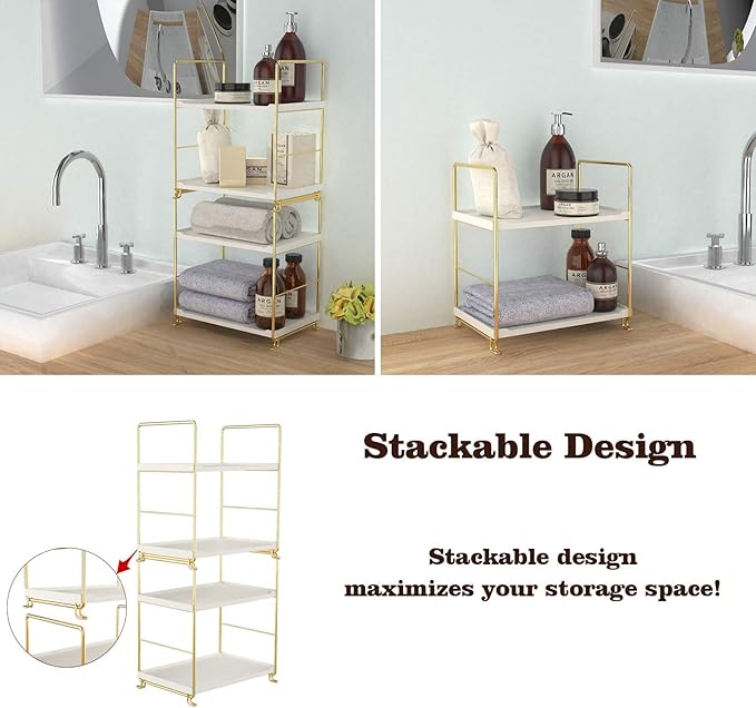 2-Tier Kitchen Spice Rack - Freestanding Stackable Bathroom Countertop Storage Shelf - Cosmetic Organizer Holder- Square Standing Rack (Golden)