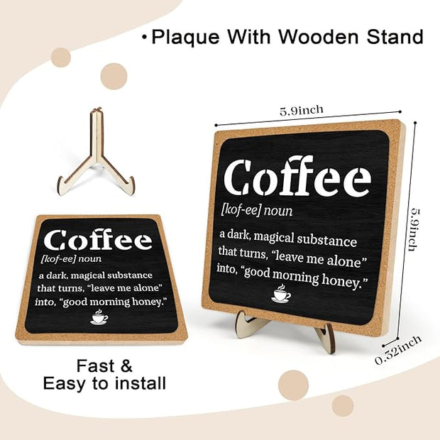 Vintage Coffee Bar Wooden Plaque Desk Sign, Farmhouse Wood Plaque Tabletop Decor for Cafe Bar Kitchen Office,Coffee Station Accessories 5.9x5.9Inch