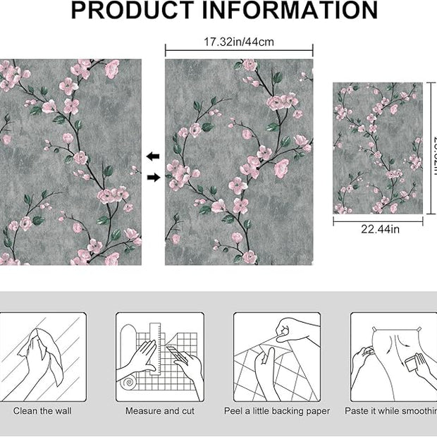 Floral Peel and Stick Wallpaper Flower Tree Contact Paper A Set of 17.5"x480" Self Adhesive Removable Modern Grey Wall Paper Decorative Wall Covering Countertop Vinyl Film Roll