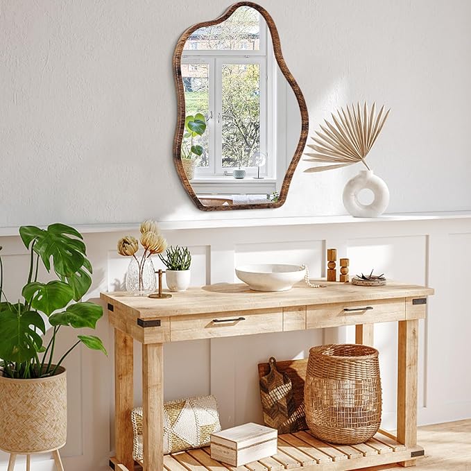 Irregular Mirror Wood Frame Modern Cloud Mirror Wall Unique Shape Asymmetrical Wall Vanity Artistic Mirrors Decor for Bedroom Living Room Bathroom Entryway Hallway Brown Large