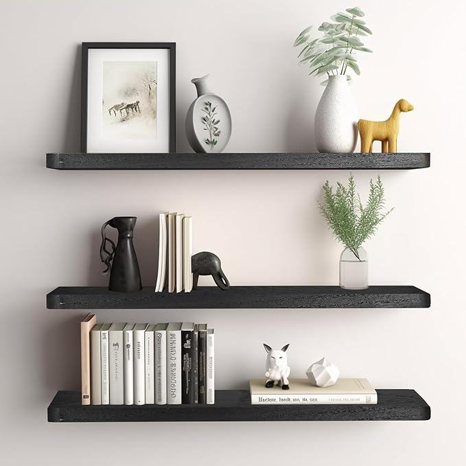 Floating Shelves 16 in, Set of 3 Solid Rustic Wood Wall Mounted Shelves, Wall Picture Ledge Shelf with Invisible Metal Brackets for Living Room, Bedroom, Bathroom, Black