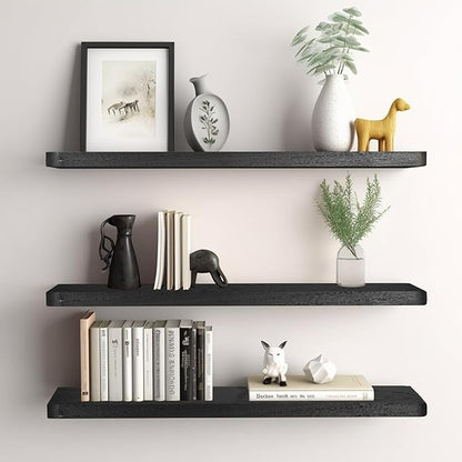 Floating Shelves 16 in, Set of 3 Solid Rustic Wood Wall Mounted Shelves, Wall Picture Ledge Shelf with Invisible Metal Brackets for Living Room, Bedroom, Bathroom, Black