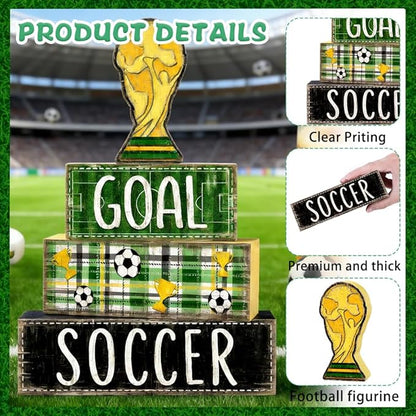DIYDEC 4Pcs Soccer Tabletop Decorations Wooden Trophy Block Signs Gift Rustic Football Tiered Tray Decor Soccer Centerpiece World Cup Table Sign for Home Office Tabletop Fireplace Party Decor