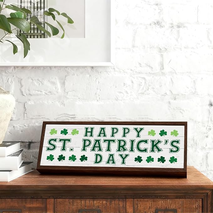 St. Patrick's Day Decor, Shamrock Decoration, Farmhouse Table Shelf Mantel Decors, Decorative Wooden Framed Sign, Irish Home Decor Sign Gift, Happy St. Patrick's Day Gift, 9.5x3.1x1 inches