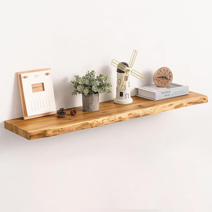 Live Edge Floating Shelf, 40 Inch Rustic Solid Elm Wood - Natural Wood Tone with Invisible Brackets, Wall Mounted for Living Room, Kitchen, Bathroom
