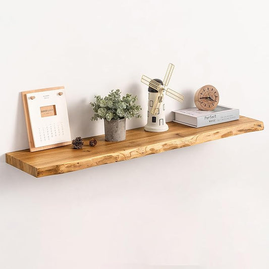 Live Edge Floating Shelf, 40 Inch Rustic Solid Elm Wood - Natural Wood Tone with Invisible Brackets, Wall Mounted for Living Room, Kitchen, Bathroom