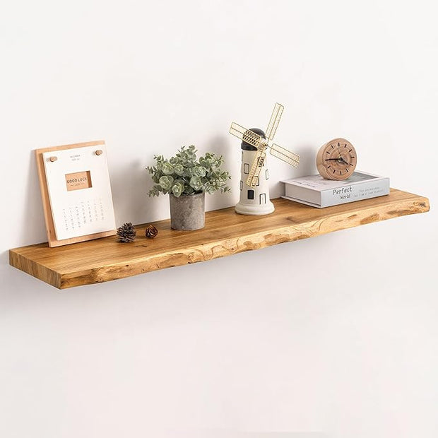 Live Edge Floating Shelf, 40 Inch Rustic Solid Elm Wood - Natural Wood Tone with Invisible Brackets, Wall Mounted for Living Room, Kitchen, Bathroom