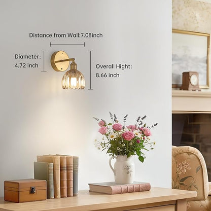 Battery Operated Vintage Wall Sconces with Amber Tulip Glass Lampshade Battery Powered Wall Lighting for Bedside Bedroom Doorway, Set of 2