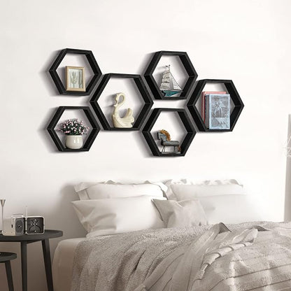 CADUKE Hexagonal Floating Shelves Set of 6 Hexagon Sheves Wall Mount Wood Storage Honeycomb Shelf Farmhouse Wall Decor Shelves for Bedroom Living Room, Black
