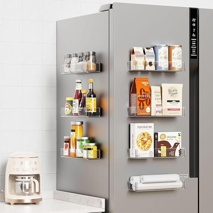 4 Pack Acrylic Spice Racks for Refrigerator and Oven, Magnetic Fridge Organizers and Storage, Clear