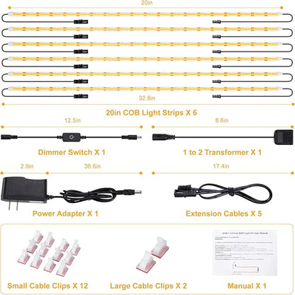 JUSJUBR Shelf Lights, 6 PCS 20 Inch Dimmable Flexible COB LED Light Strips, Warm White 3000K, LED Under Cabinet Lights for Display Case, Bookshelf, Kitchen, Wardrobe and Closet