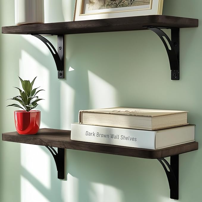 Willowy Reinforced Steel Bracket Dark Brown Shelf - Easy to Install, Template and Video Included - Brown Bathroom Shelves, Bedroom Wall Decor, Bathroom Shelf Over Toilet